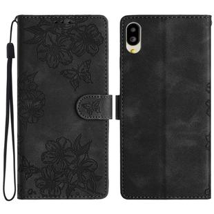 For Sharp Basio active SHG09 Cherry Blossom Butterfly Skin Feel Embossed PU Phone Case(Black)