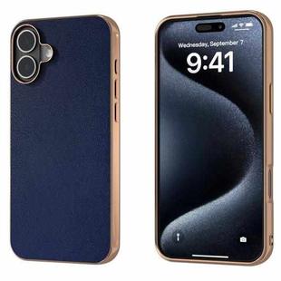 For iPhone 16 Plus PU Leather Electroplating Frame Full Coverage Phone Case(Dark Blue)