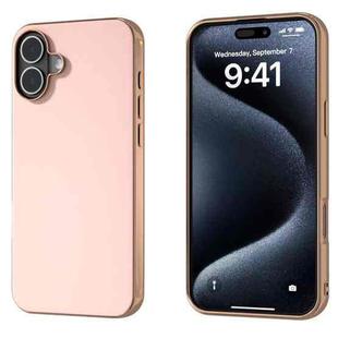 For iPhone 16 PU Leather Electroplating Frame Full Coverage Phone Case(Light Pink)