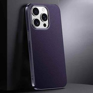 For iPhone 16 Pro Max First Layer Cowhide Leather Electroplated PC Phone Case(Dark Purple)