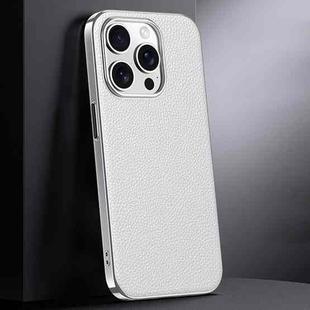 For iPhone 16 Pro Max First Layer Cowhide Leather Electroplated PC Phone Case(White)