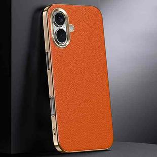 For iPhone 16 First Layer Cowhide Leather Electroplated PC Phone Case(Orange)