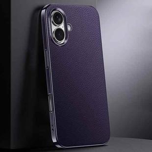 For iPhone 16 First Layer Cowhide Leather Electroplated PC Phone Case(Dark Purple)