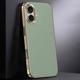 For iPhone 16 First Layer Cowhide Leather Electroplated PC Phone Case(Green)