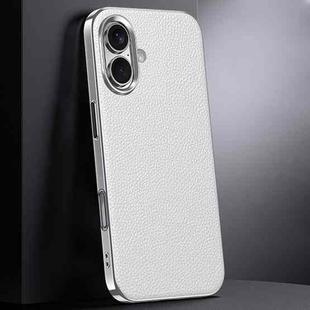 For iPhone 16 First Layer Cowhide Leather Electroplated PC Phone Case(White)