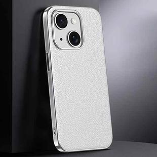 For iPhone 15 First Layer Cowhide Leather Electroplated PC Phone Case(White)