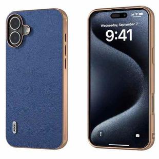 For iPhone 16 Plus ABEEL Electroplating Frame Genuine Leather Luolai Series Phone Case(Dark Blue)