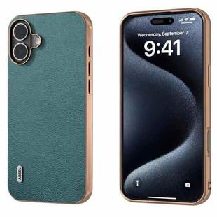 For iPhone 16 Plus ABEEL Electroplating Frame Genuine Leather Luolai Series Phone Case(Dark Green)