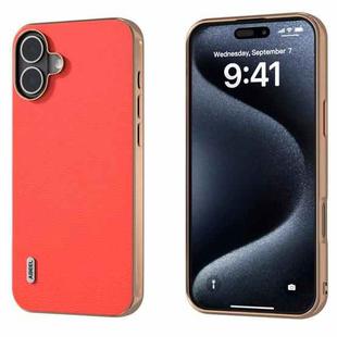 For iPhone 16 Plus ABEEL Electroplating Frame Genuine Leather Luolai Series Phone Case(Red)