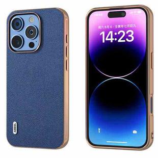 For iPhone 16 Pro ABEEL Electroplating Frame Genuine Leather Luolai Series Phone Case(Dark Blue)