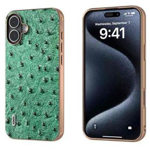 For iPhone 16 Plus ABEEL Electroplating Frame Genuine Leather Ostrich Texture Phone Case(Green)