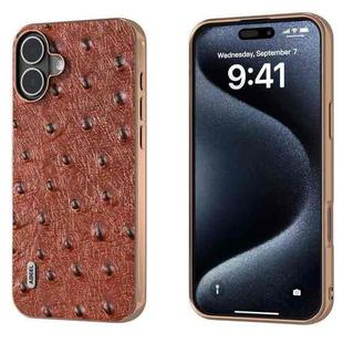 For iPhone 16 Plus ABEEL Electroplating Frame Genuine Leather Ostrich Texture Phone Case(Coffee)