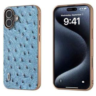 For iPhone 16 ABEEL Electroplating Frame Genuine Leather Ostrich Texture Phone Case(Dark Blue)