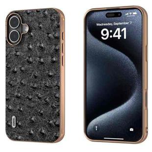 For iPhone 16 ABEEL Electroplating Frame Genuine Leather Ostrich Texture Phone Case(Black)