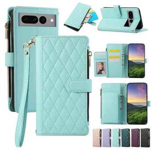 For Google Pixel 7 Pro Rhombic Zipper Wallet Leather Phone Case(Cyan)