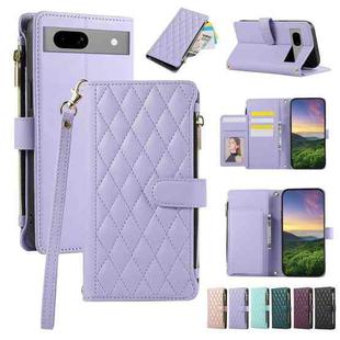 For Google Pixel 7a Rhombic Zipper Wallet Leather Phone Case(Purple)