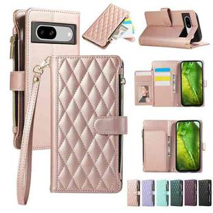 For Google Pixel 8a Rhombic Zipper Wallet Leather Phone Case(Rose Gold)