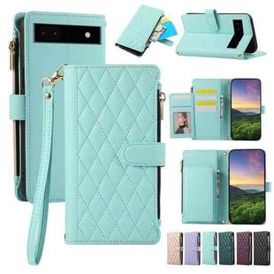 For Google Pixel 6a Rhombic Zipper Wallet Leather Phone Case(Cyan)