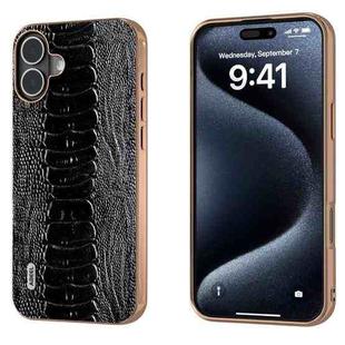 For iPhone 16 Plus ABEEL Electroplating Frame Genuine Leather Weilai Series Phone Case(Black)