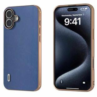 For iPhone 16 Plus ABEEL Electroplating Frame Genuine Leather Xiaoya Series Phone Case(Blue)