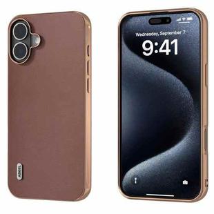 For iPhone 16 Plus ABEEL Electroplating Frame Genuine Leather Xiaoya Series Phone Case(Coffee)