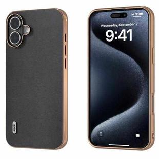 For iPhone 16 Plus ABEEL Electroplating Frame Genuine Leather Xiaoya Series Phone Case(Black)