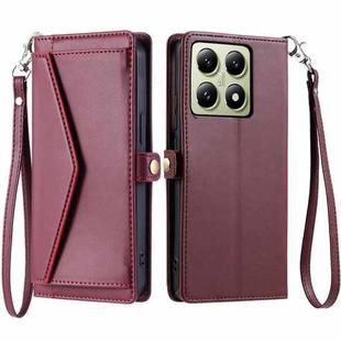 For Xiaomi 14T Pro Wallet Multi-card Slot Leather Phone Case with Lanyard(Wine Red)