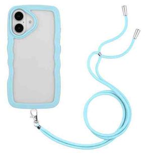 For iPhone 16 Plus Candy Color Wave TPU Clear PC Phone Case with Lanyard(Blue)