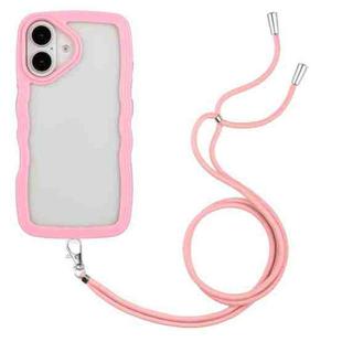 For iPhone 16 Candy Color Wave TPU Clear PC Phone Case with Lanyard(Pink)