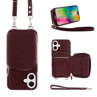 For iPhone 16 Crossbody Zipper Wallet Bag Leather Phone Case with Lanyard(Wine Red)