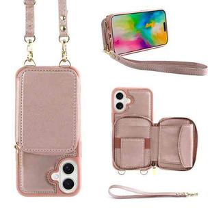 For iPhone 16 Crossbody Zipper Wallet Bag Leather Phone Case with Lanyard(Rose Gold)