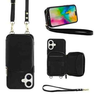 For iPhone 16 Plus Crossbody Zipper Wallet Bag Leather Phone Case with Lanyard(Black)