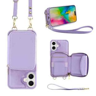 For iPhone 16 Plus Crossbody Zipper Wallet Bag Leather Phone Case with Lanyard(Purple)