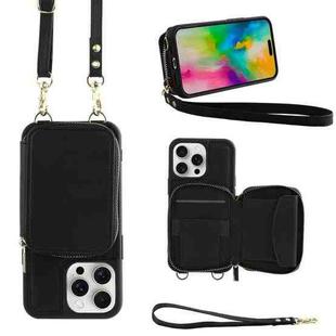 For iPhone 16 Pro Crossbody Zipper Wallet Bag Leather Phone Case with Lanyard(Black)