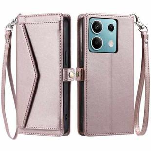 For Redmi Note 13 5G Global Wallet Multi-card Slot Leather Phone Case with Lanyard(Rose Gold)