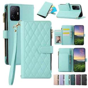 For Xiaomi Mi 11T Rhombic Zipper Wallet Leather Phone Case(Cyan)