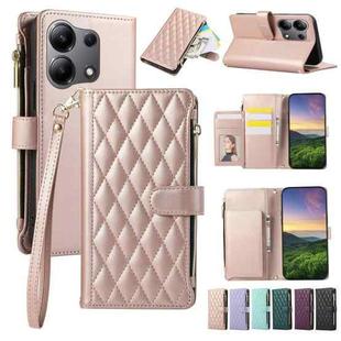 For Redmi Note 13 4G Rhombic Zipper Wallet Leather Phone Case(Rose Gold)