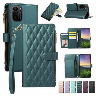 For Redmi K40 Rhombic Zipper Wallet Leather Phone Case(Green)