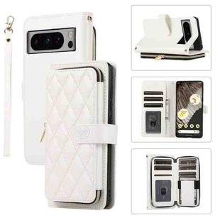 For Google Pixel 8 Pro Rhombic Full Zipper Wallet Leather Phone Case(White)