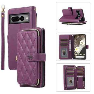 For Google Pixel 7 Pro Rhombic Full Zipper Wallet Leather Phone Case(Deep Purple)