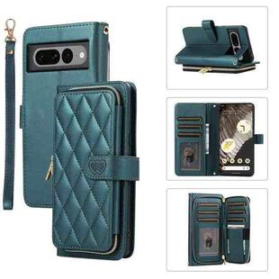 For Google Pixel 7 Pro Rhombic Full Zipper Wallet Leather Phone Case(Green)