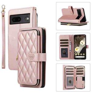 For Google Pixel 7 Rhombic Full Zipper Wallet Leather Phone Case(Rose Gold)