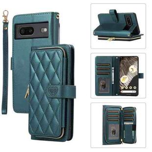 For Google Pixel 7 Rhombic Full Zipper Wallet Leather Phone Case(Green)