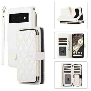 For Google Pixel 6 Pro Rhombic Full Zipper Wallet Leather Phone Case(White)