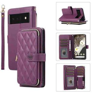 For Google Pixel 6 Pro Rhombic Full Zipper Wallet Leather Phone Case(Deep Purple)