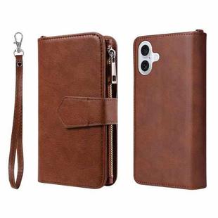 For iPhone 16 Plus Solid Color 2 in 1 Zipper Shockproof Phone Case(Brown)