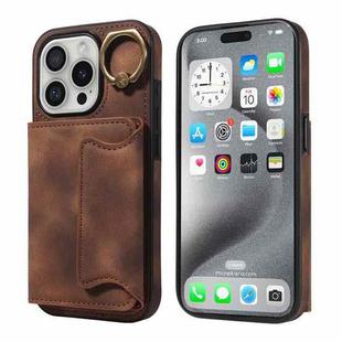 For iPhone 16 Pro Skin Feel Card Bag Phone Case with Ring Buckle(Brown)