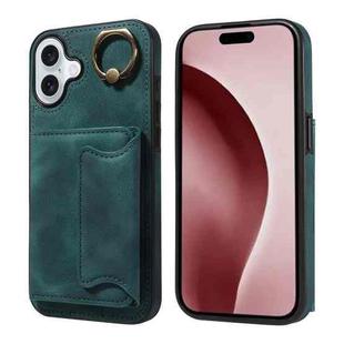 For iPhone 16 Plus Skin Feel Card Bag Phone Case with Ring Buckle(Green)