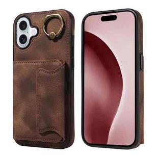 For iPhone 16 Plus Skin Feel Card Bag Phone Case with Ring Buckle(Brown)