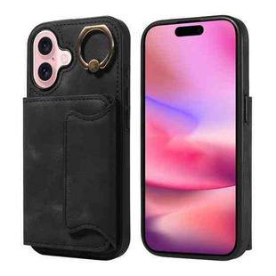 For iPhone 16 Skin Feel Card Bag Phone Case with Ring Buckle(Black)